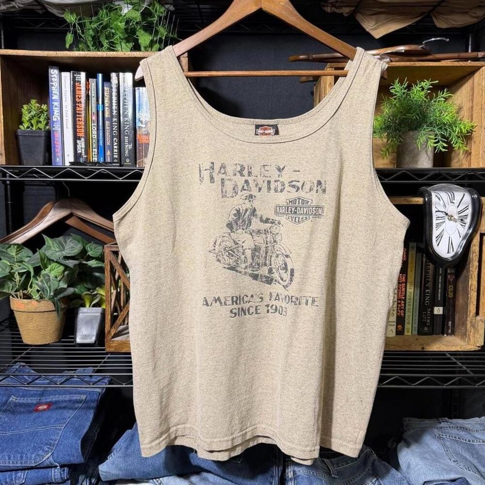 Vintage Y2K Harley Davidson Tank Top Brown Black Faded Biker Tee Shirt 2005